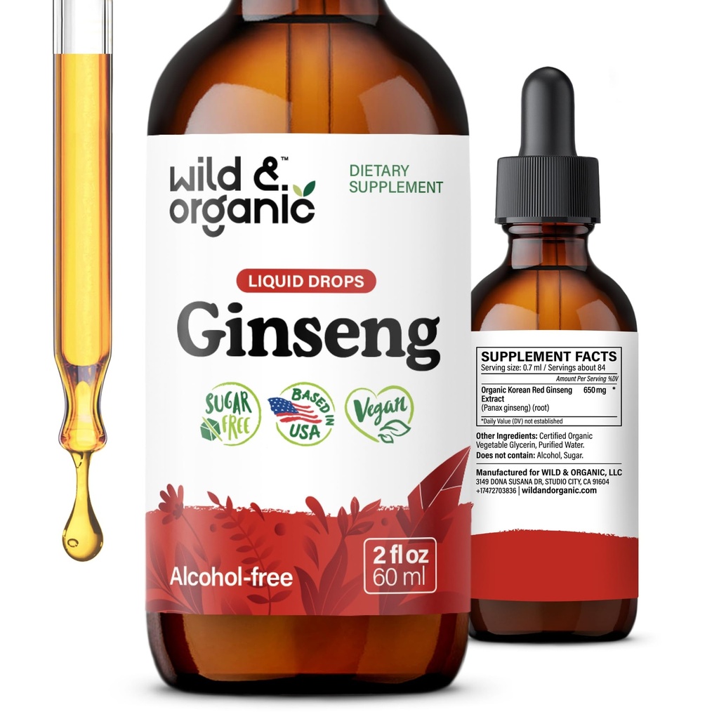 Wild & Organic Korean Red Ginseng 提取滴 - Panax Ginseng 免疫支持补充剂 - 整体健康液体根纹 - Vegan,糖和无酒精 - 2 fl oz