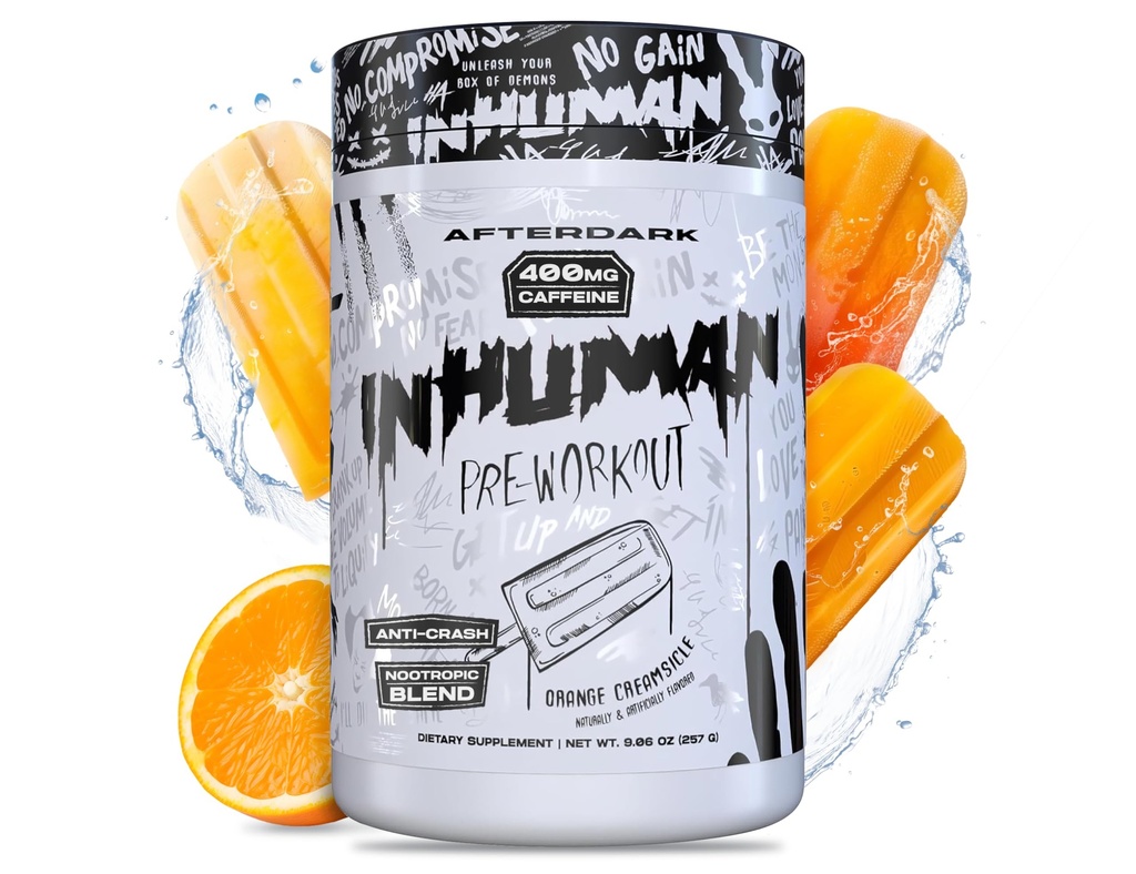 AFTERDARK INHUMAN 工作前粉末,增强心肌连接,持续能源,Potent Nootropic Blend, Vegan, Gluten - Free, Soy - Free, 400mg Cafeine, No Crash, Orange Creamsicle
