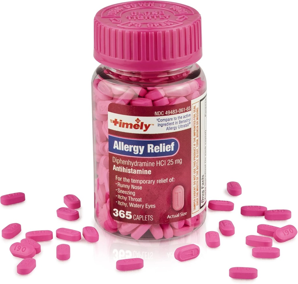 及时缓解过敏性二酚胺HCl 25毫克 - 365卡普莱特 - 与Benadryl Alergy Ultratab - 抗希斯泰姆 - 过敏性药剂 - 成人Runny Nose Relief - 水眼治疗