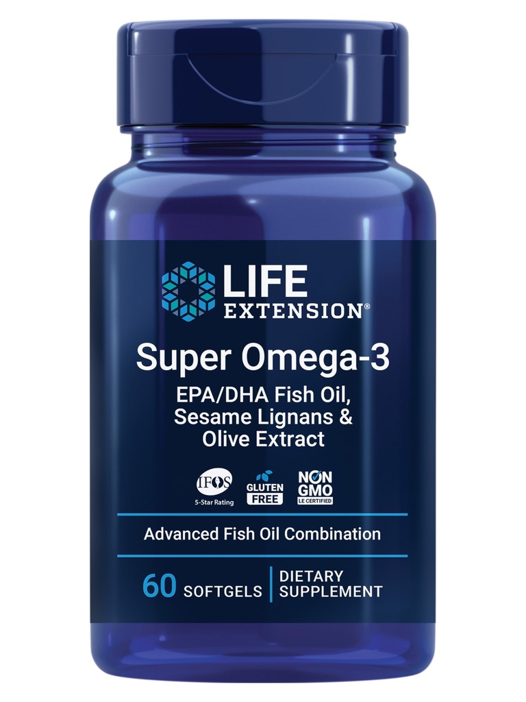 生命延伸 Super Omega-3 EPA/DHA 鱼油,芝麻 利格南和橄榄提取 – 心脏健康,脑健康,炎症健康支持,胆固醇健康支持,无胶,非GMO,60软胶
