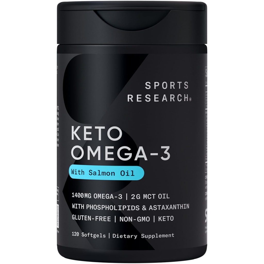体育研究 • Keto Omega Fish Oil 1400mg - 与Astakanthin & Coconut MCT Oil的全谱 Omega-3 Blend - Keto认证,Soy & Gluten-Free(120软胶)