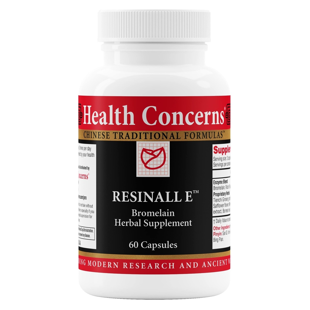 健康关注 Resinall E – Bromelain Herbal 补充剂 Bruising, Swelling and Huel Recovery – Natural Enzyme Blend with herbs - 鲁特因,金森,帕宾 - 外科手术后支持 60 Capsules