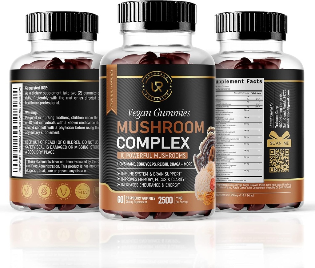 蘑菇 蘑菇 10 蘑菇 补充 | 2500mg | Turkish Tail, Chaga, Reishi, Cordyceps & Lions Mane 有机蘑菇 提取器,新热带脑促进器(180 Counter of 3)