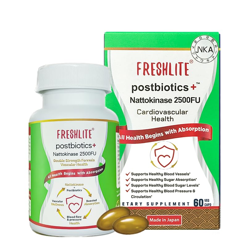 FRESHLITE 2500FU Premium NSK-SD Nattokinase & Vegan 心血管支持后生素 血压、胆固醇和心脏健康 JNKA 认证 QQ 非GMO,Gluten-Free,60 Capsules Japan Made
