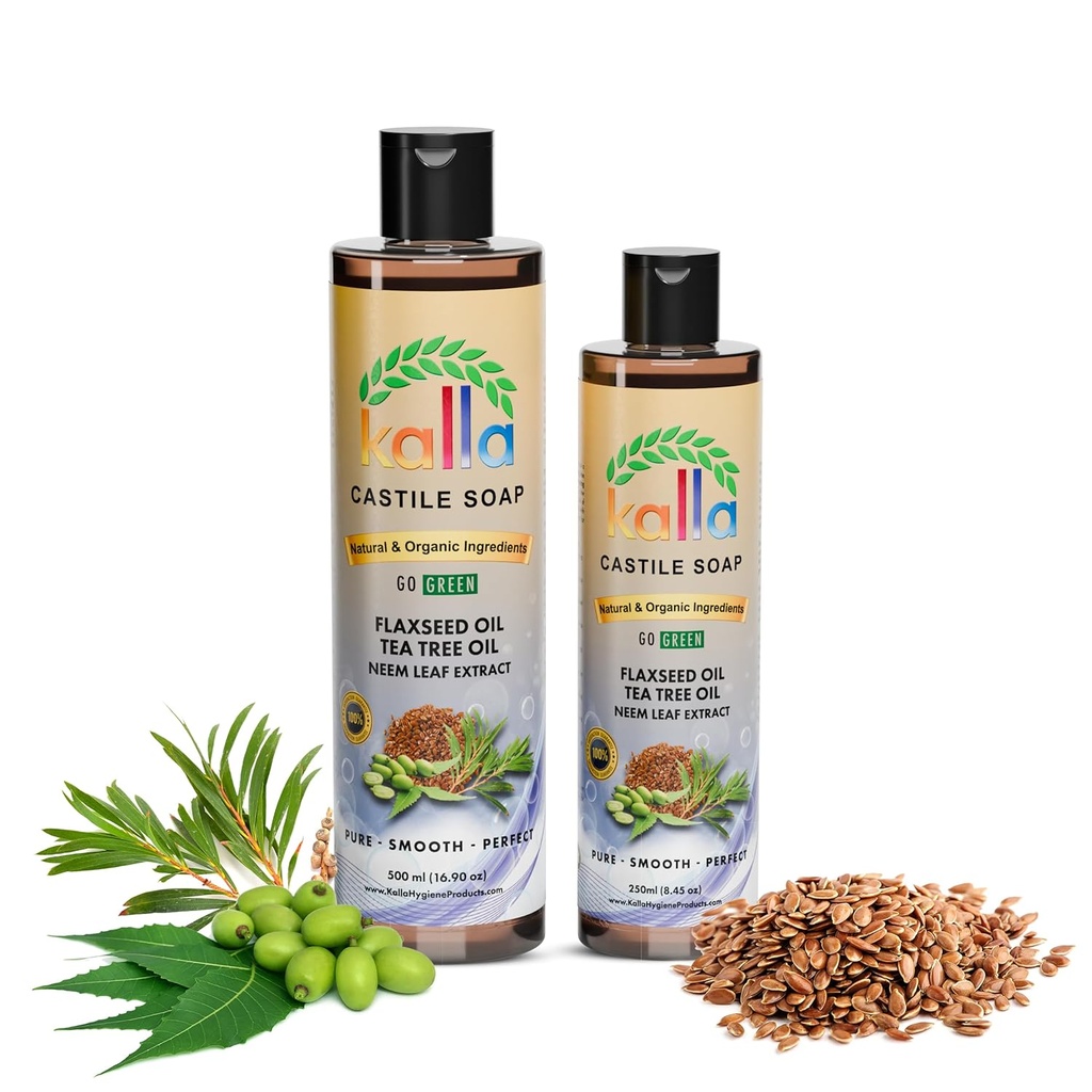 Kalla Organization Flaxseed Castile 肥皂 100%纯卡斯蒂利亚 液态肥皂 Neem 叶片 提取-250ml,经认证的冷压原生椰油,茶树 必需的卡斯蒂利亚格卢滕自由手