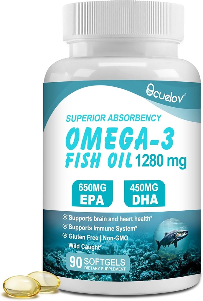 Omega 3 鱼油补充剂,Triple strenge Omega 3 营养补充剂,配有650mg EPA 450mg DHA Pervice - Brain, Eye, Heart and Immune Health Support - 90 Softgels (45 Servi)