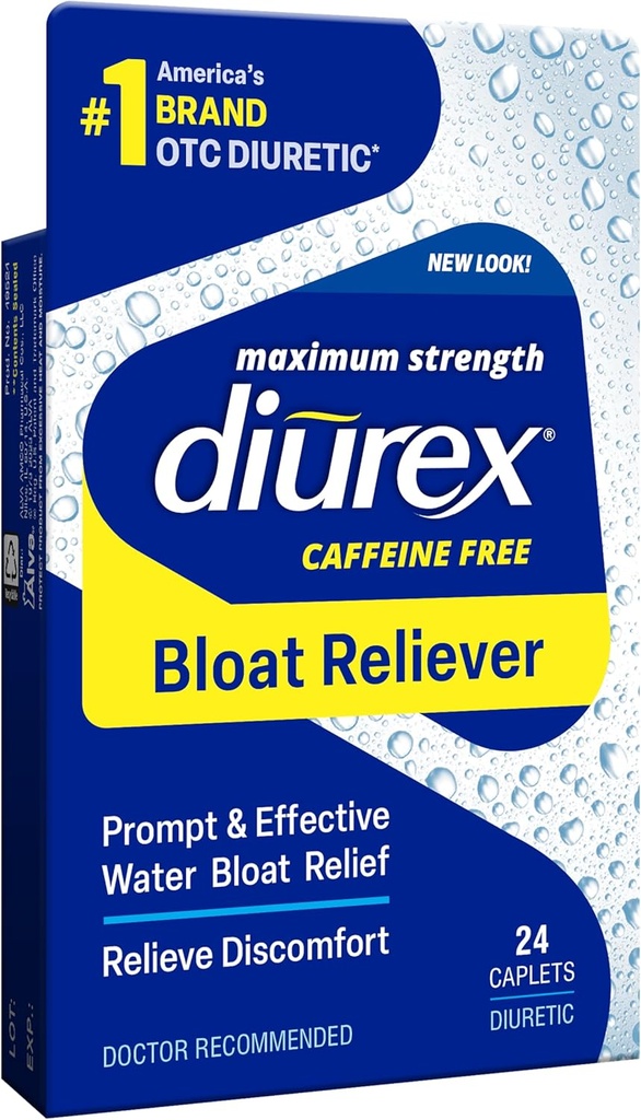 Diurex Cafeine-Free Bloat 救济,最大力量,Relieve Water Bloat 不适,最多6小时救济,24个伯爵