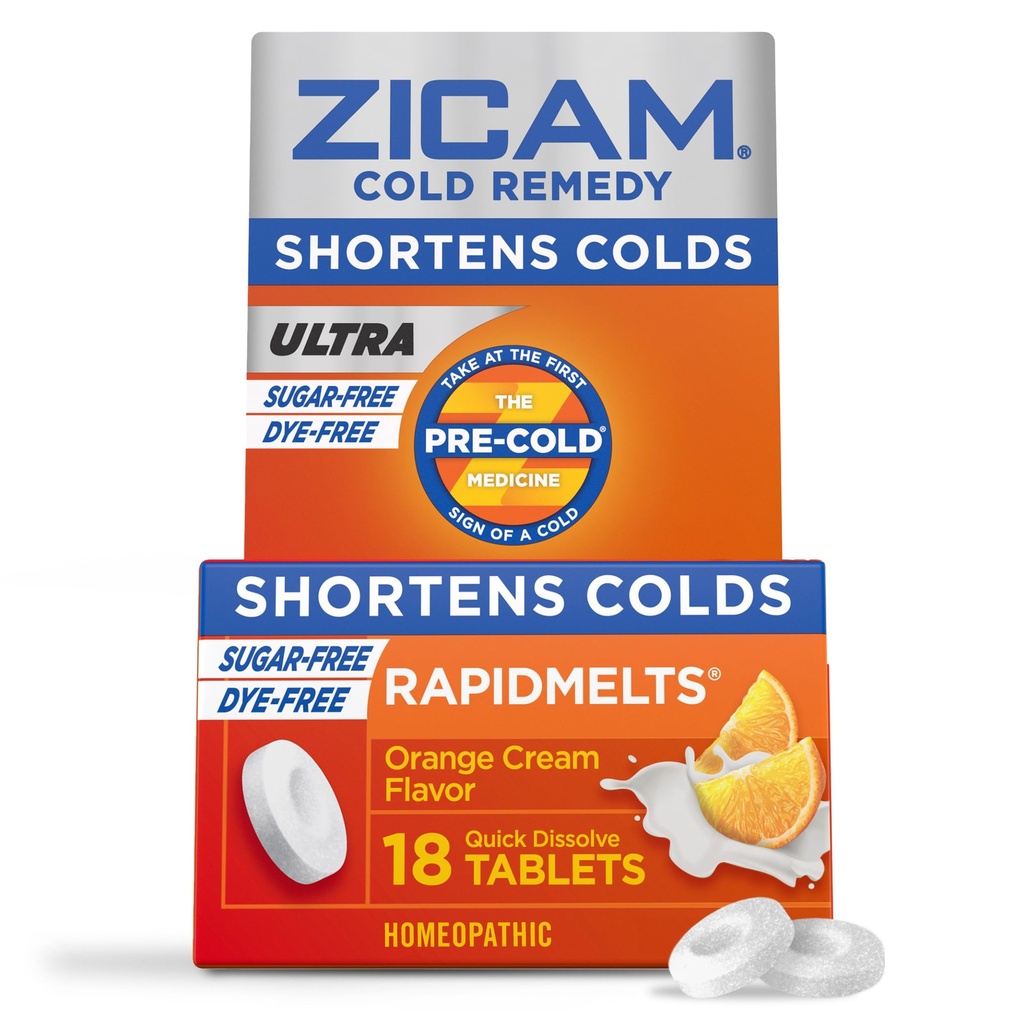 Zicam Ultra Cold Remedy Zinc Rapidmelts, Orange Cream Flavor, Homeopathic, Cold Shortening Medicine, Shortens Cold Duration, Sugar-Free, Dye-Free, 18 Count | Homeopathic Cold Remedy with Zinc, Shortens Cold Duration, Sugar-Free, Dye-Free