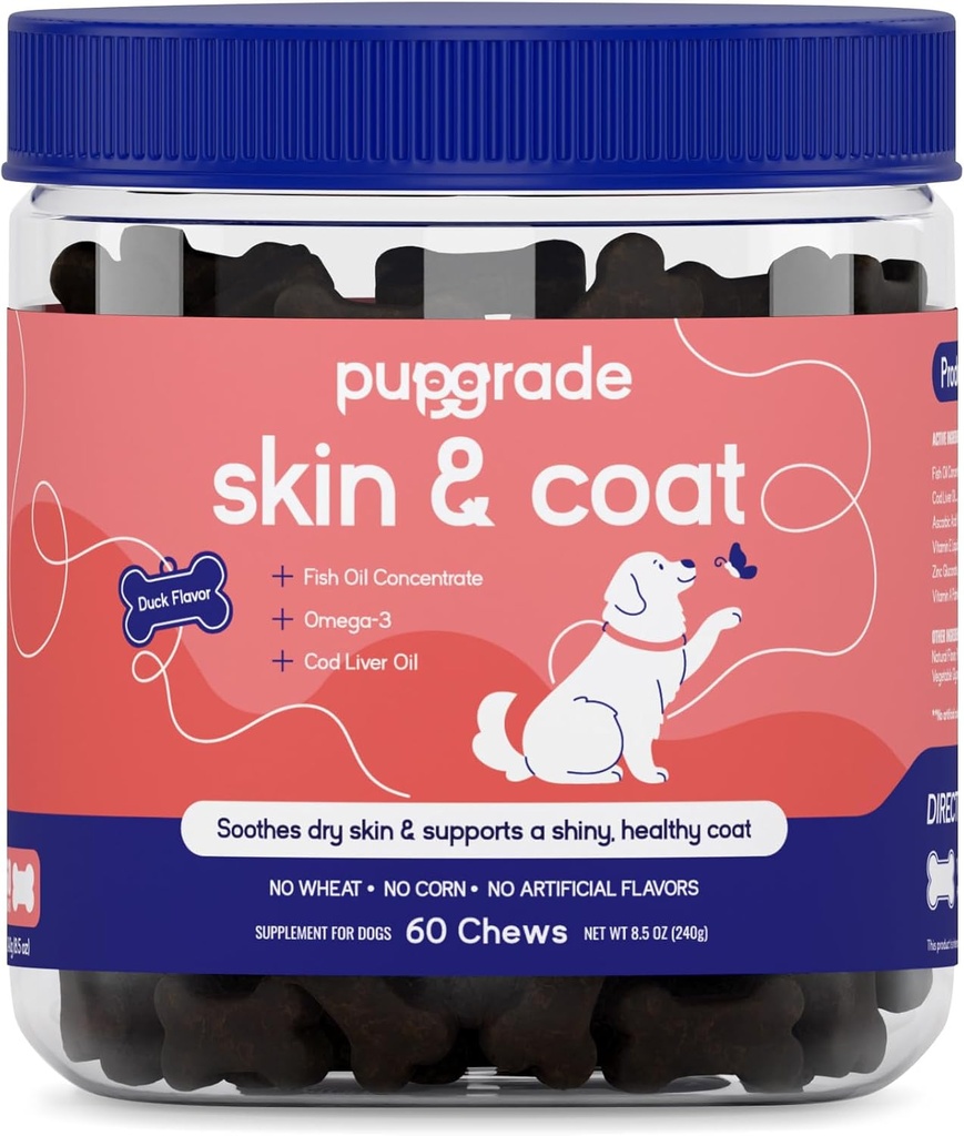 PupGrade Skin & Coat Soft Chew Supplement for Dogs – 支持健康皮肤, Coat 和 Imune 函数 - 富含天然鱼油,欧米加脂肪酸和维生素 – 60 Soft Chews