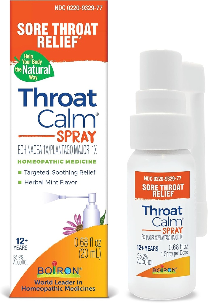 Boiron ThroatCalm Spray for Soothing Sore Throat Relief - Plant-Powered with Echinacea - Natural, Mint-like Herbal Flavor - 非Numbing & Benzocaine - Free - .68 Fl Ozz (英语).
