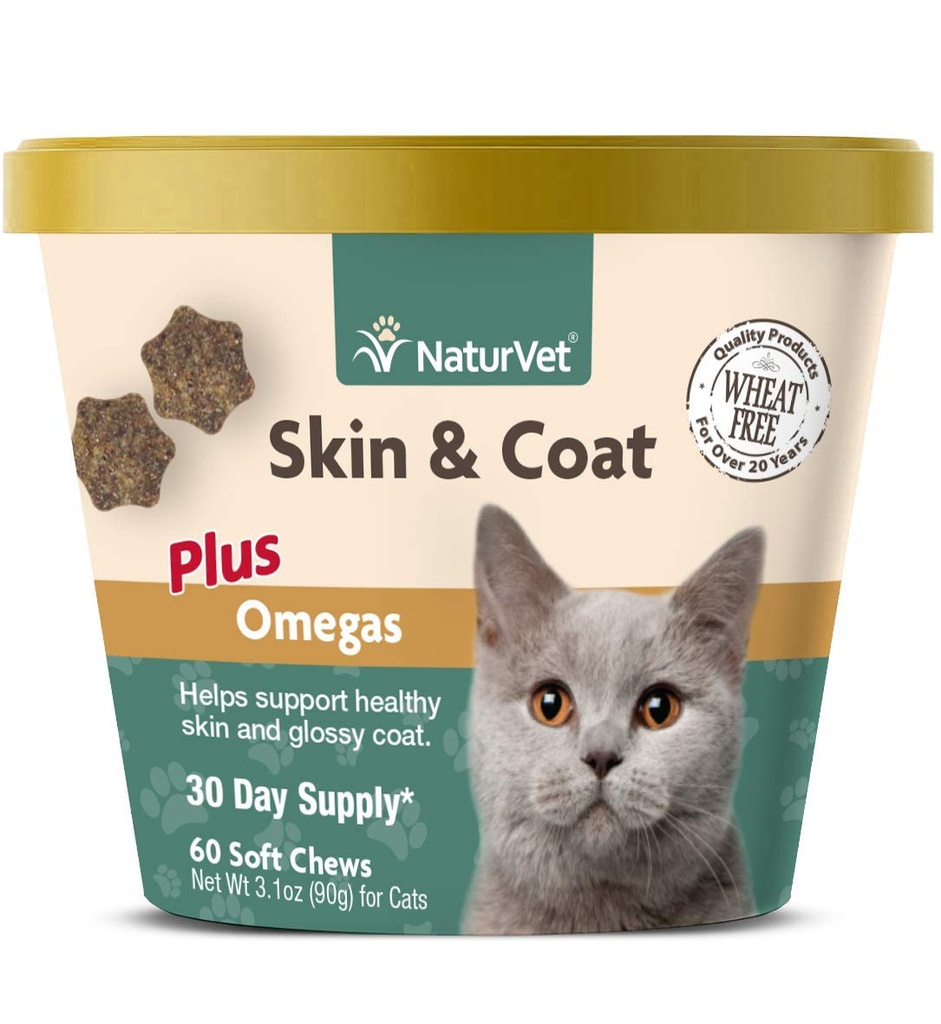 NaturVet – Skin & Coat Plus Omegas for Cats – 60 Soft Chews – 支持健康皮肤 & Glossy Coat – 与 Omega-3, Omega-6 & Biotin + 30天供应增强