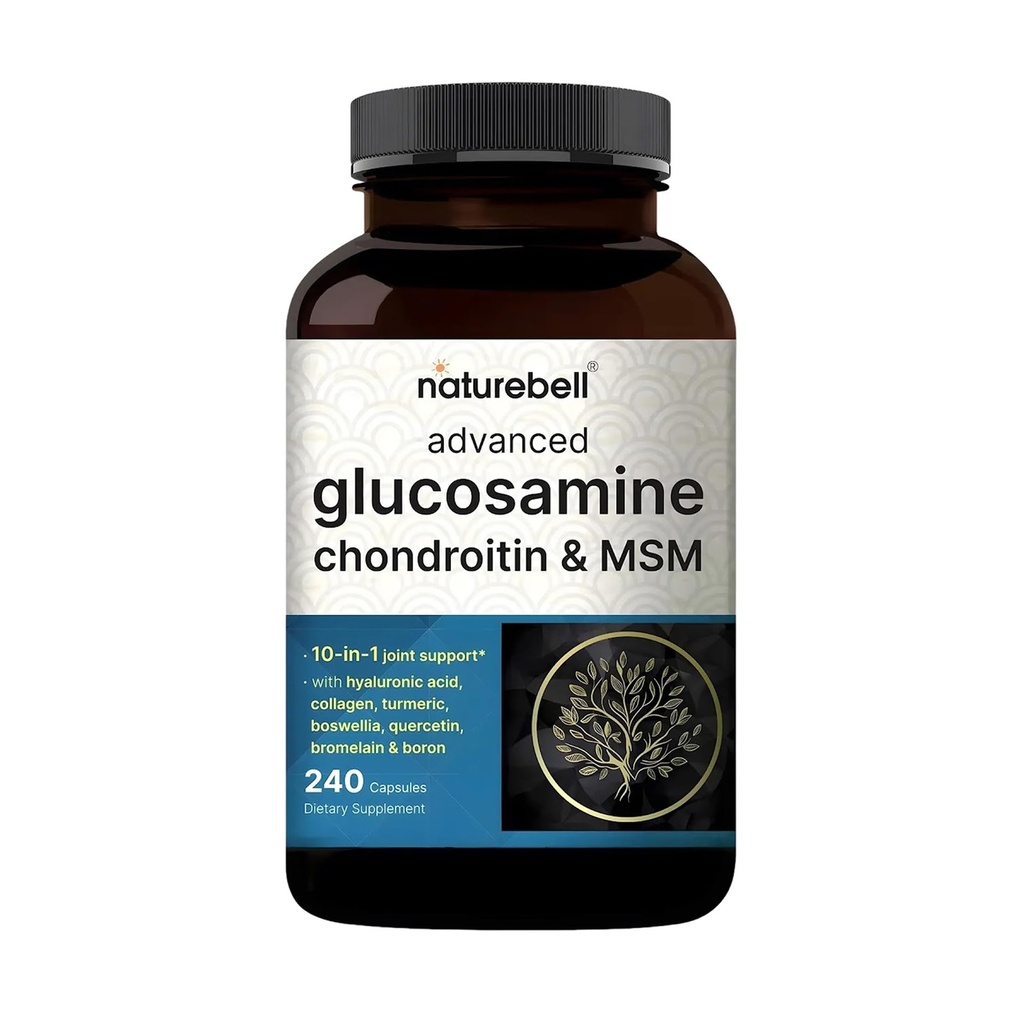 NatureBell Advance Glucosamine Chondroitin MSM 补编,240 Capsules → 10in-1 联合支持综合体 — 与Hyaluronic Acid, Collagen, Turmeric, Boswellia, & More — 非GMO