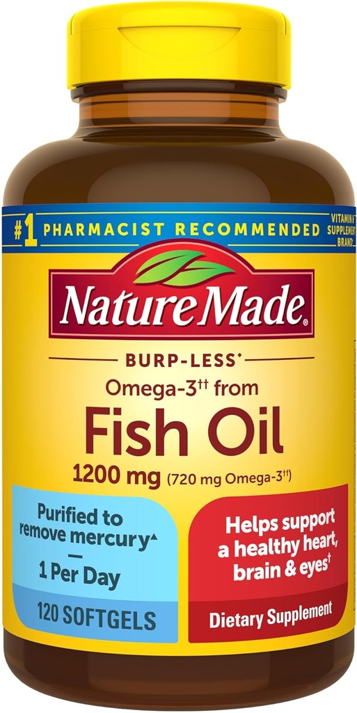 Nature Made Burp Less Omega 3 Fish Oil Supplies, 1200mg, EPA DHA Omega 3 Suppless as Ethyl Esters, Fish Oil Softgels for Health Heart, Brain and Eyes Supports, One Pay, 120 Softgels (英语:Fish Oper Day, 120 Softgel) (英语).