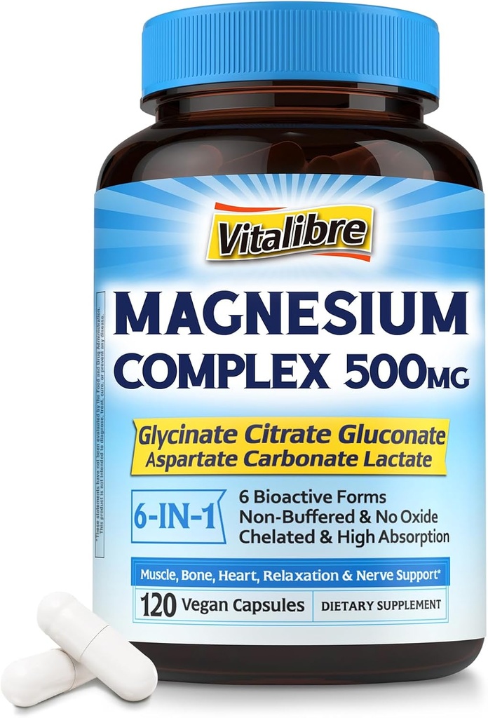 镁复合物500mg, 6 in 1 甘油酸铬, 甘油酸盐, 酸盐, Gluconate, 碳酸盐和乳酸盐, 沉睡和平静的Max吸收补充物, 120 Vegan Caps, No Magnesio Oxide