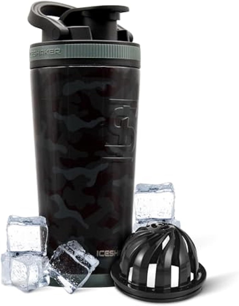 冰沙克绝缘无锡钢沙克瓶 26oz,黑卡莫 30+小时冷 冰沙克杯 与Twist-on Agitator的绝缘 QQ Odor-Free瓶 蛋白质沙克,水,滑,鸡尾酒