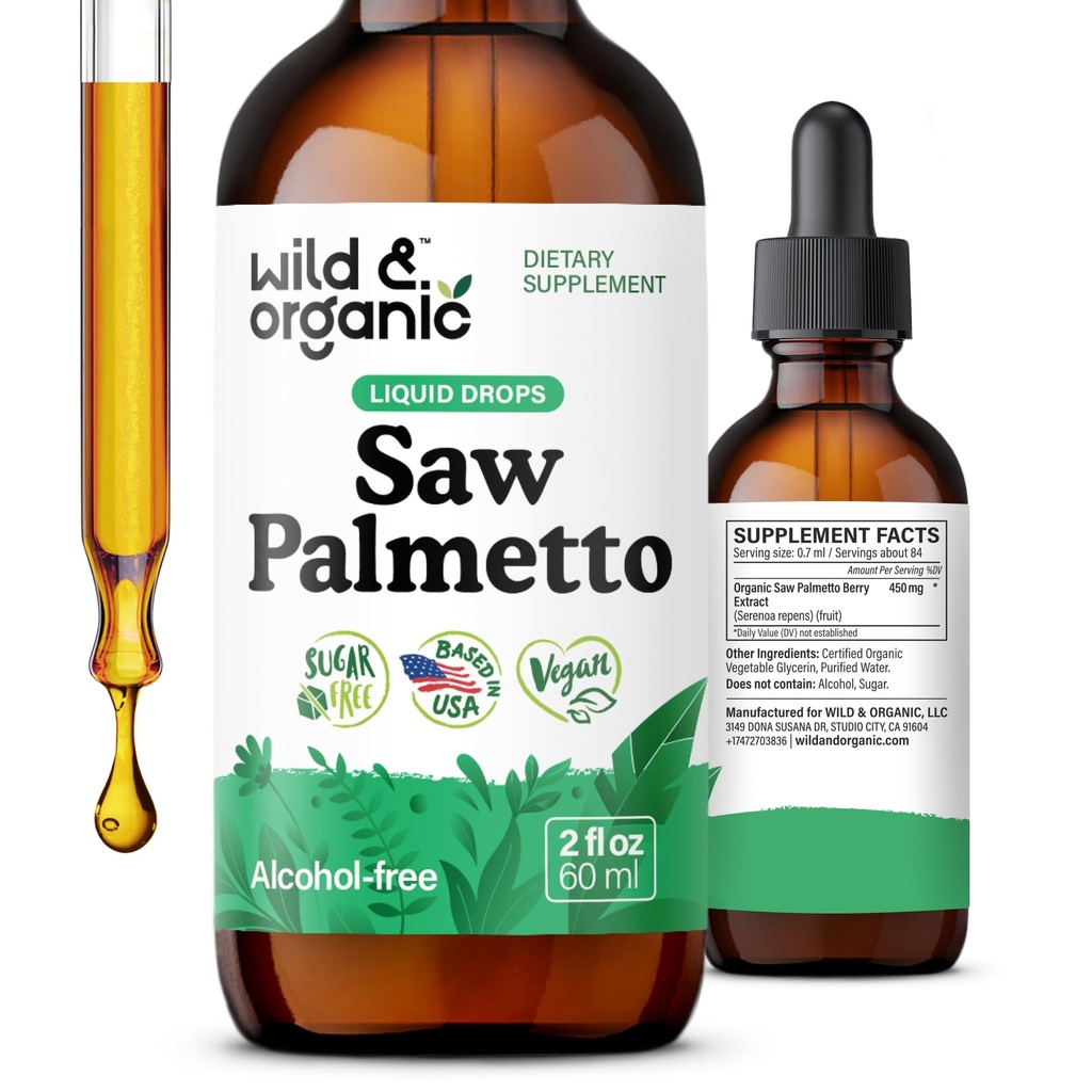 Wild & Organization Saw Palmetto 抽水槽 - 尿液支持 - Saw Palmetto 供男性和女性使用 - 液态 Serenoa Repens Berries 补充 - Vegan,糖和无酒精 - 2 fl oz