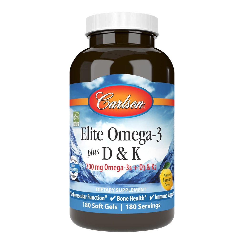 Carlson - Elite Omega-3 Plus D & K, 700 mg Omega-3s + D3 & K2,功能,骨质健康与免疫支持,柠檬,180软胶