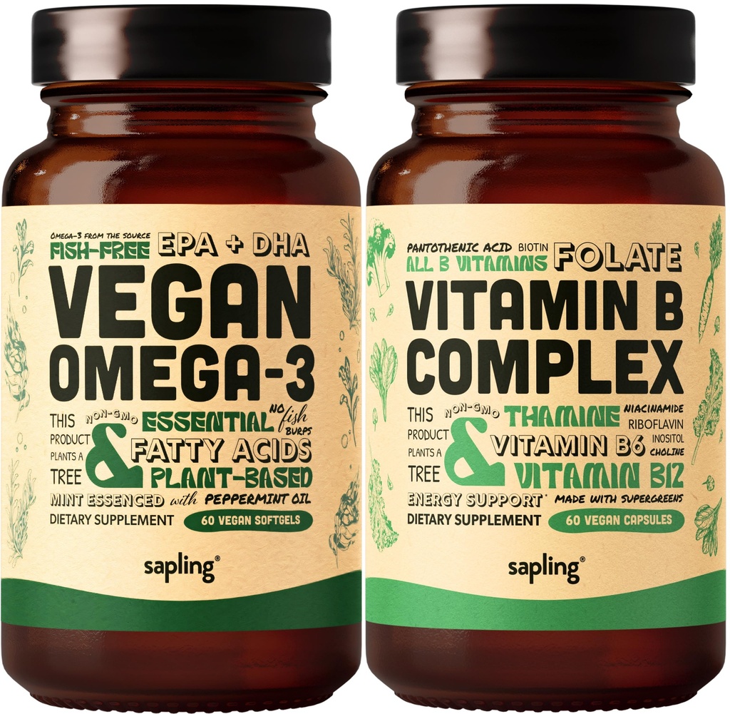 Vegan Omega 3 & Vegan Vitamin B Complex Bundle - 植物基DHA & EPA 脂肪酸,基本B 维生素与全食品混合,B1,B2,B3,B5,B6,B7,Folate