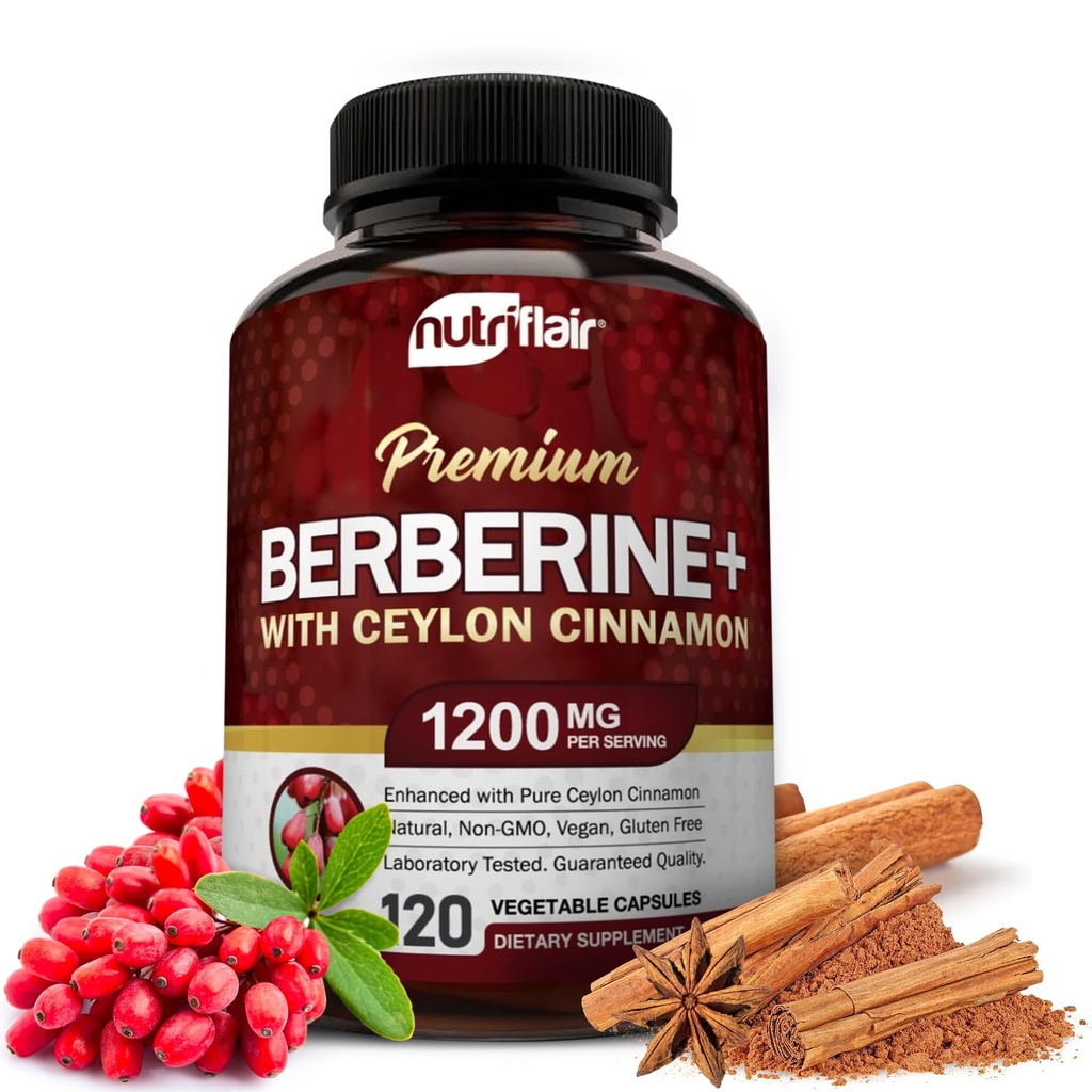NutriFlair Premium Berberine HCL 1200mg, 120 Capsules - Plus True Ceylon Cinnamon, Berberine HCI 根补充药 - Immune 系统 - 产值 8% HCl