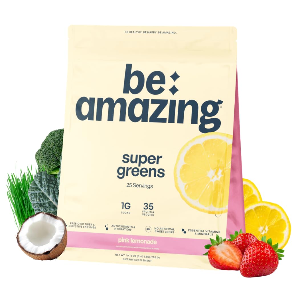 BE AMAZING 超级绿皮粉配有生素、消化酶和抗氧化剂、35种水果和蔬菜、电解质和纤维、维冈、Gluten Free Juice和Smoothie Mix、Pink Lemonade、25种服务