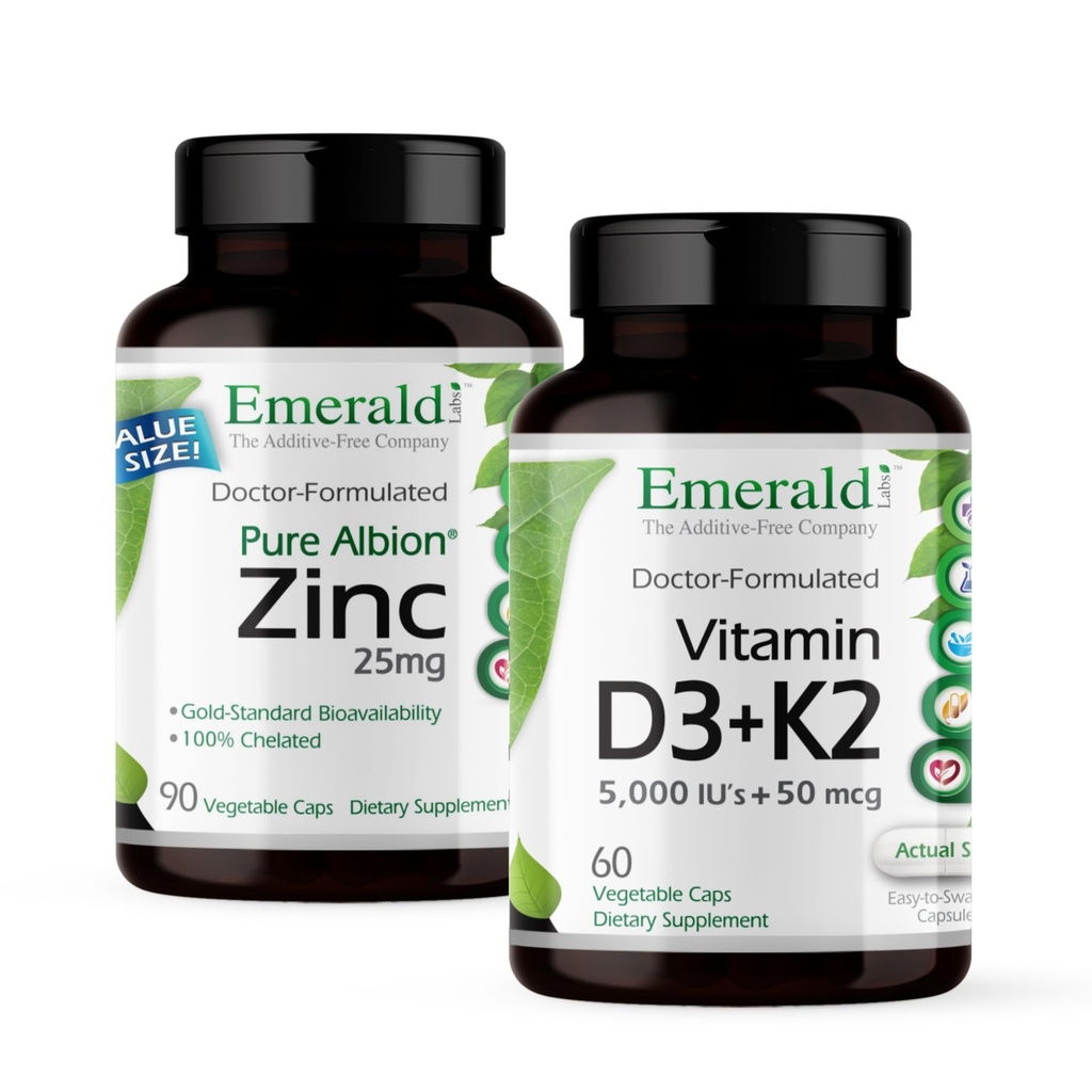 EMERALD LABS 维生素D3+K2(60 Caps) & Zinc 25mg(90 Caps) - 骨质健康,心脏支持,免疫支持,消化健康,氧化性应激支持 - 无糖性