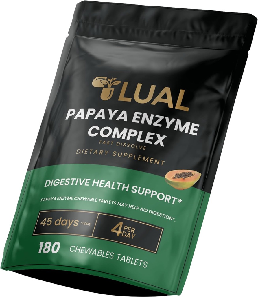LUAL Papaya Enzyme Complex – 与Papain,Bromelain 和 消化酶的可嚼片 – 支持消化和营养吸收 – 天然Papaya Flavor – 180 Counter