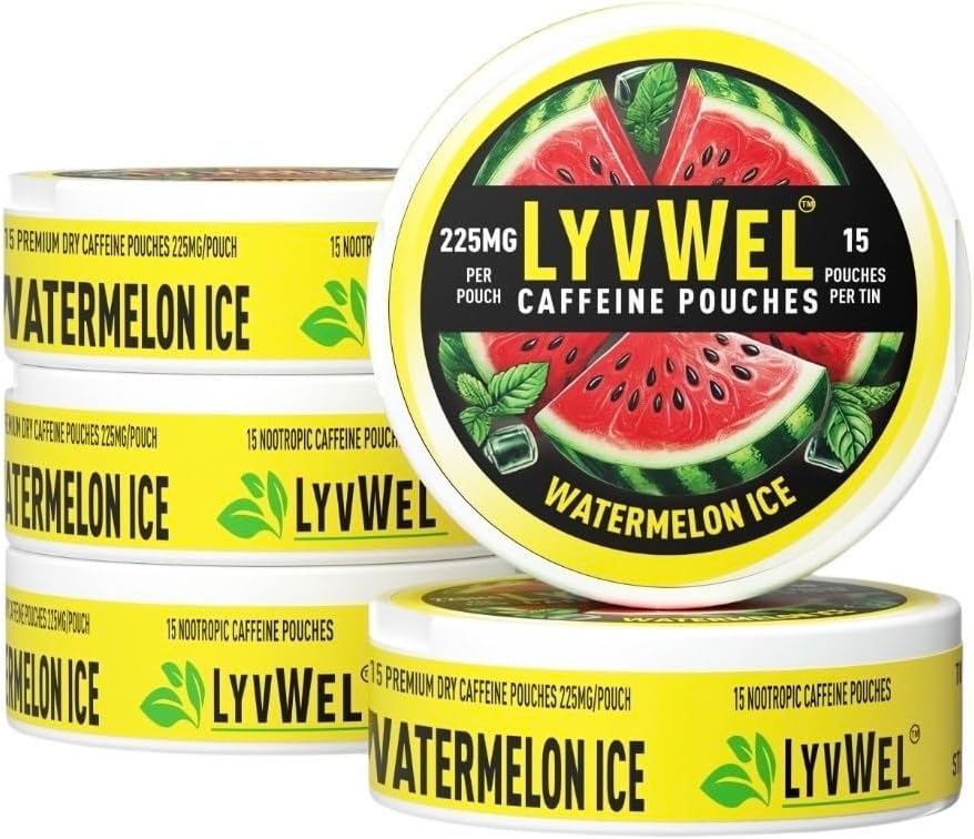 LyvWel 225mg 咖啡因能源邮袋 — 西瓜冰5-Pack(75个邮袋) — 刷新能源与焦点 — Guarana-Enhanced Cleanboos for Workingout & Grind
