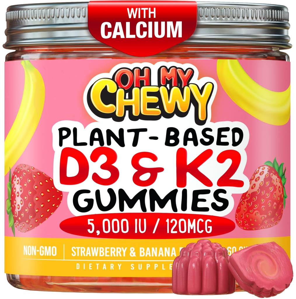 中心-填充维生素 D3 K2 Gummys - 儿童、青少年和成年人-健康牙齿、骨骼、能量和豁免补充 - 5,000 IU D3,120 mcg K2(MK-7),120 mg 钙 - Vegan & Non-GMO - 120 计数