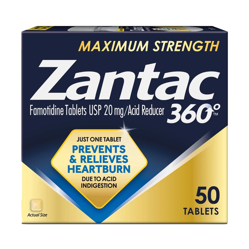 Zantac 360 最大强度药片,50个计数,心脏灼伤预防和救济,20毫克药片