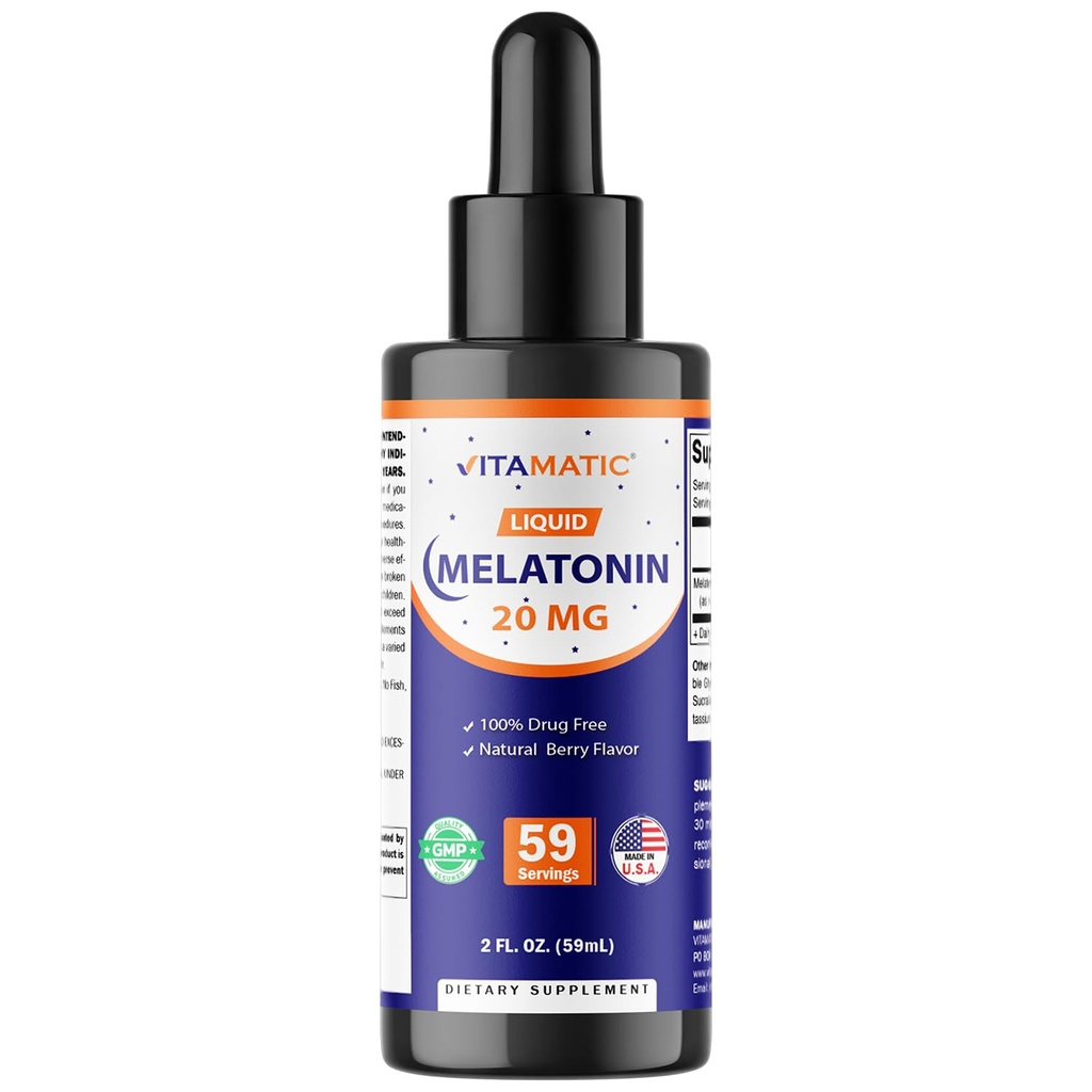 Vitamatic Melatonin 20mg 液滴 – 2 Fluid Ounce(59ml) – Natural Berry Flavor – 成人 – 非GMO – 蔬菜补充品