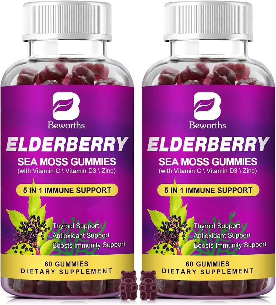 (2 Pack Elderberry Gummys & Irish Sea Moss,有机Sambucus Elderberry Gummy with Seamos, Zinc, Vitamin C, D3, 多维塔明 Elderberry 维生素 - 无糖
