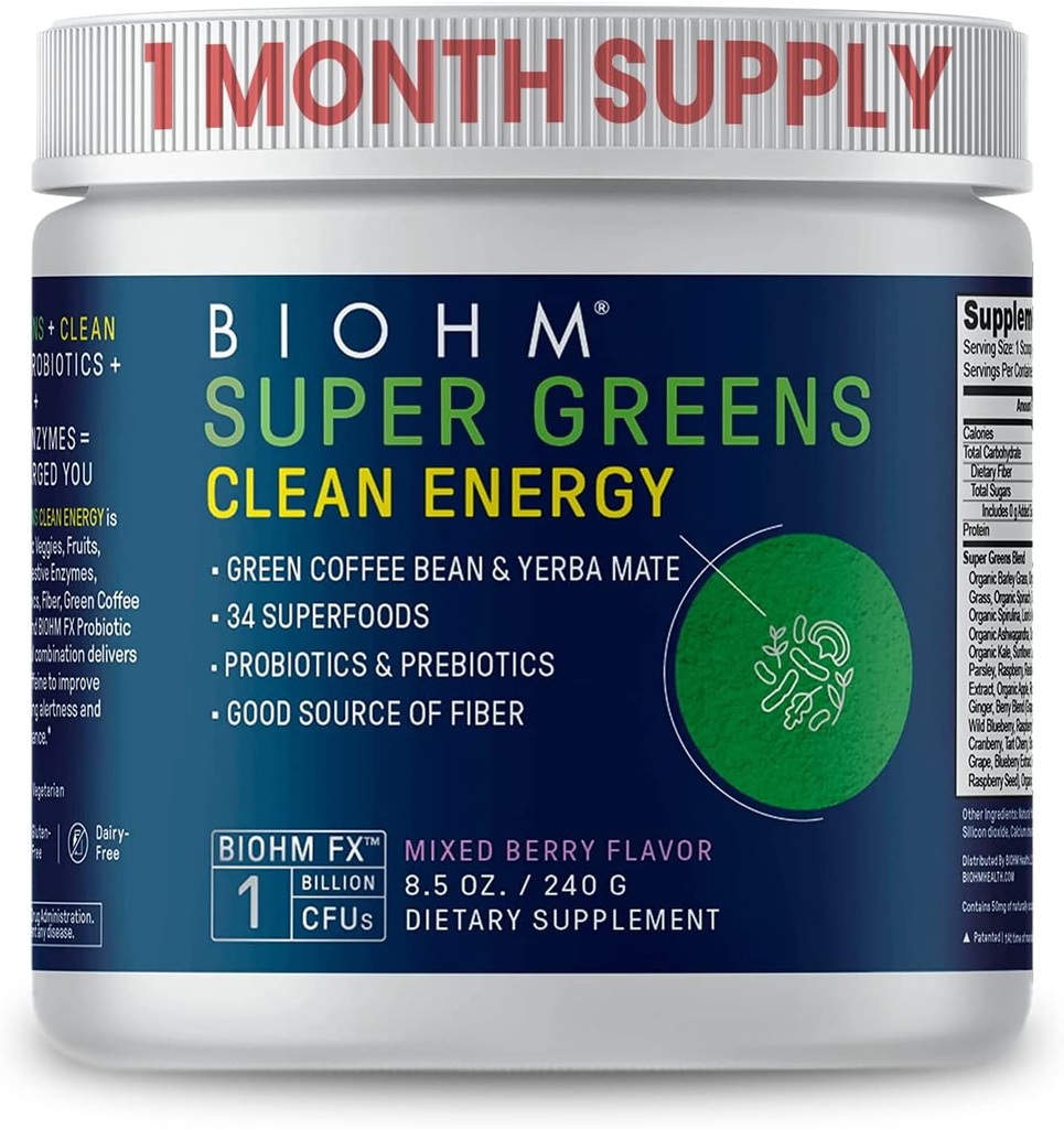 BIOHM超级绿地清洁能源,绿色超级食品粉(8.5 Oz, 30 services) 支持Gut健康与认知,34 天然水果,蔬菜和草药提取物与先生素,亲生素和酶