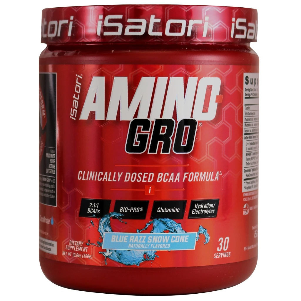 iSatori 氨基-GRO BCAA 粉末、带Glutamine的分链氨基酸、用于肌肉生长和工作后恢复的电解质粉末和生物-GRO生物活性百合剂、蓝褐色雪锥(30枚)