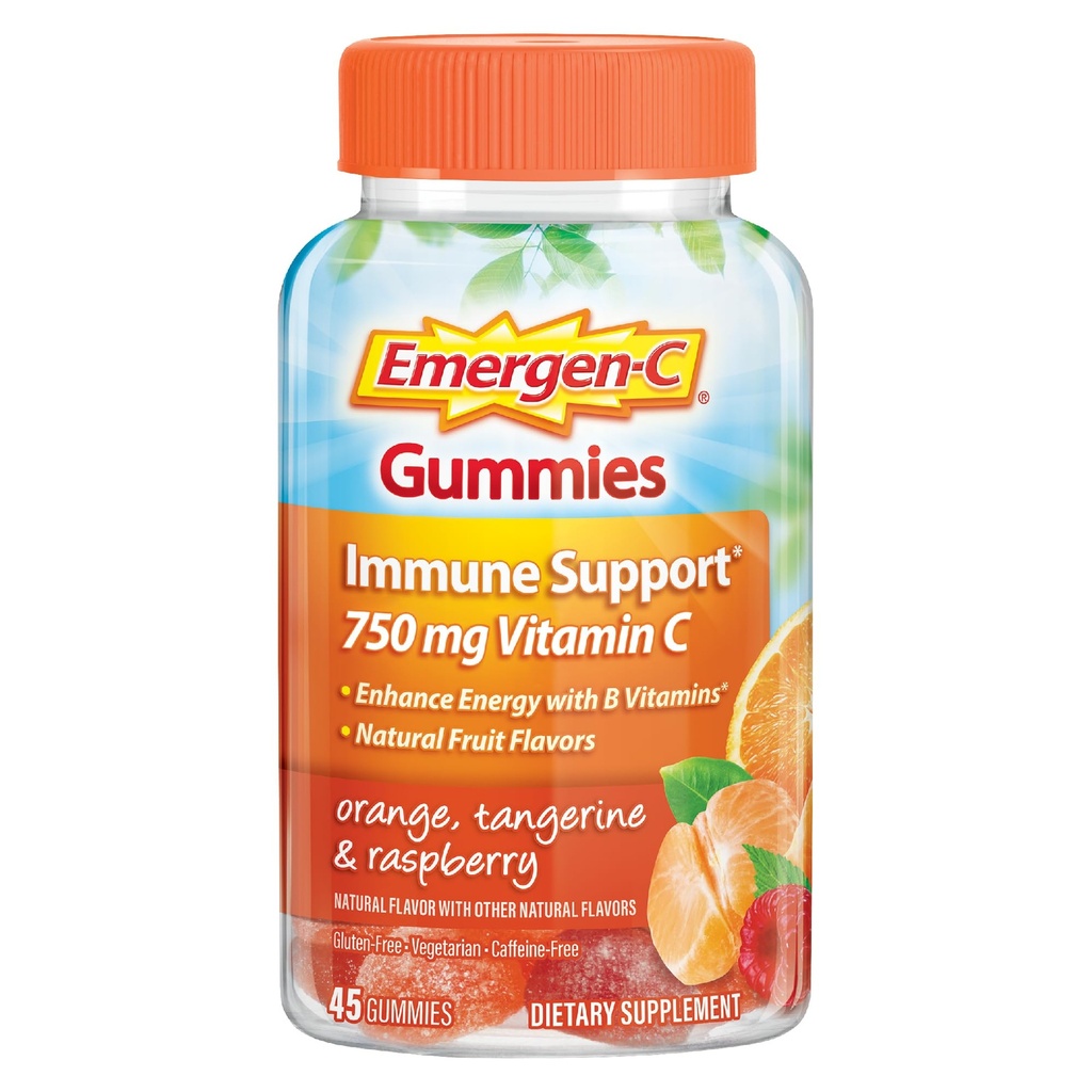 Emergen-C 750mg 成人维生素C Gummys, B类维生素豁免Gummys, Gluten Free, Orange, Tangerine and Raspberry Flavors, Back to School Business - 45 Counters