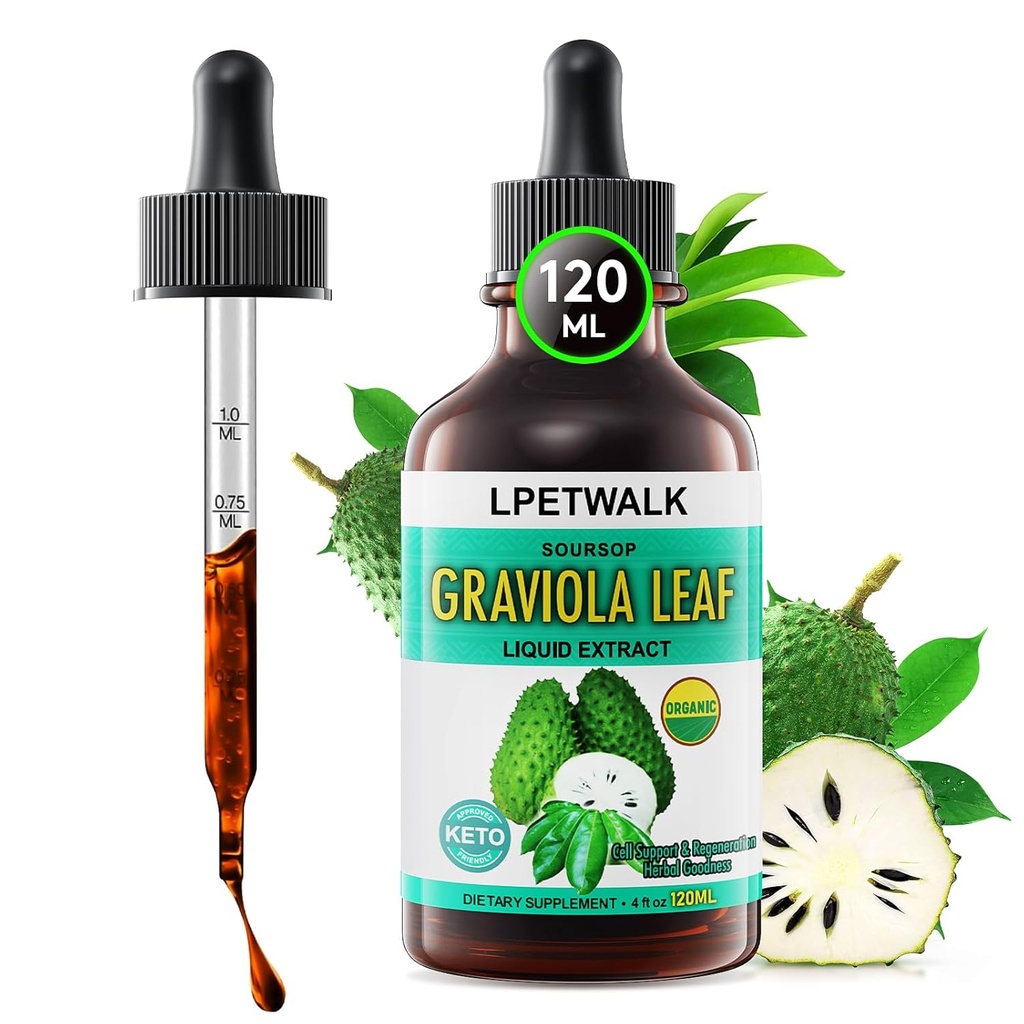 4 Fl Oz Soursop Graviola 提取液滴 - Natrual Guanabana 叶滴 - Organization Soursop 位点液油,吸收率98%,大容量120ML