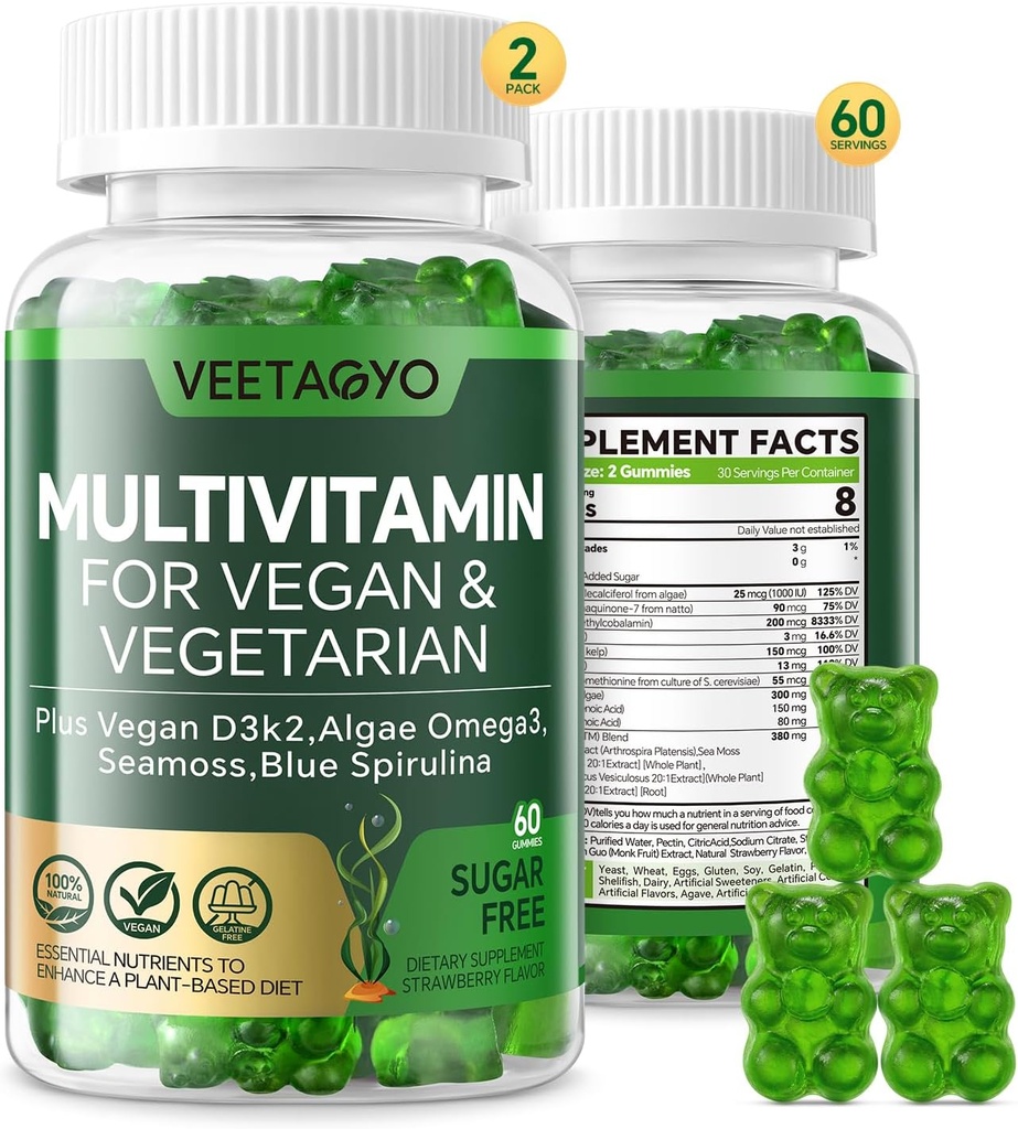 维生素D3 + K2-1000IU D3 90mcg K2 - 蔬菜和成人的多维他命 w/藻 Omega-3,Iron,Mbeth B12,Seamos,Iodine for Bone,Muscle,能源,免疫支持 - 无糖,Gluten - 无糖,120 计数