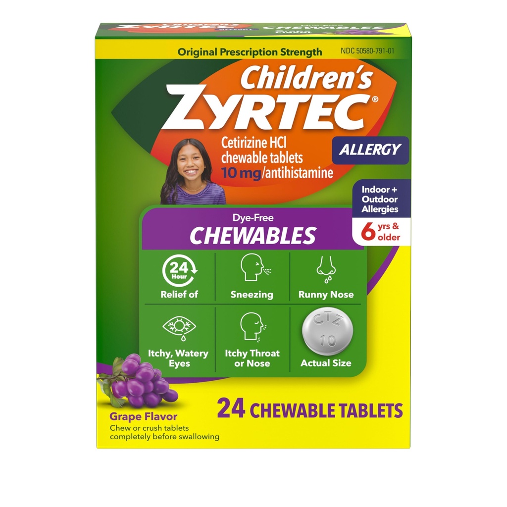 Zyrtec Children's Free Chewables for 24 hour's Altergy Relief, 10 mg Cetirizine Hydrophloride Antihistamine药片,儿童过敏医学 喷嚏和痒喉,葡萄,24 cm