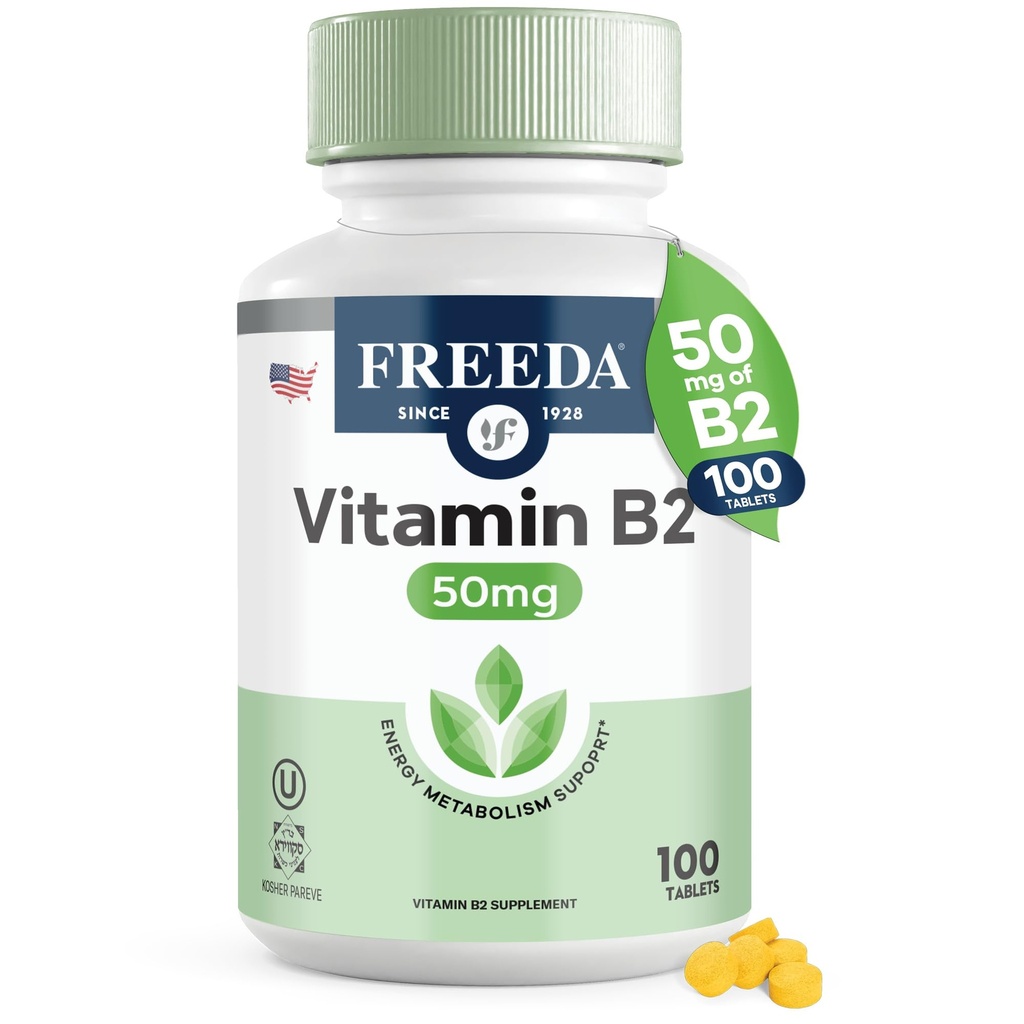 Freeda Vitamin B2 Riboflavin 50mg – Enervous System Support – Kosher, Vegan, Gluten-Free B2 大脑与代谢学的补编 (100 Ct)