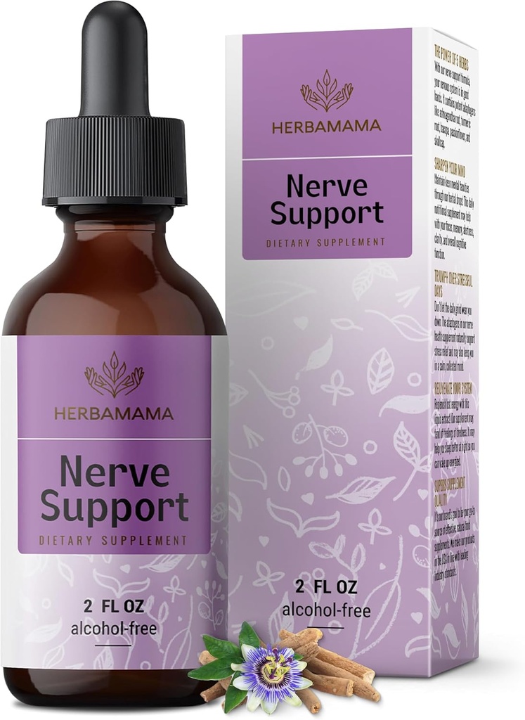 HERBAMAMA NERVE支持补充——与Ashwagandha & Bacopa Monnieri合作的Vegan NERVE支持公式——非GMO,成人酒精和无糖每日平静滴,28日供应