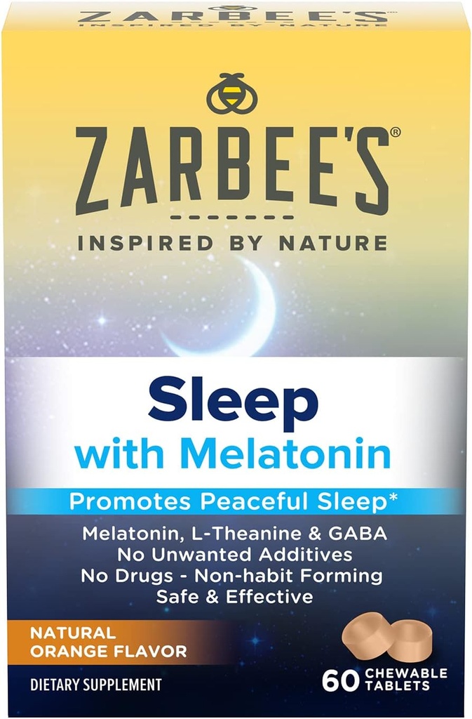 Zarbee的Melatonin 5mg,L-Theanine + GABA 睡眠补充,以促进和平睡眠,天然橙色火焰,可口的药片 成人年龄 12 Up, 60 Counter