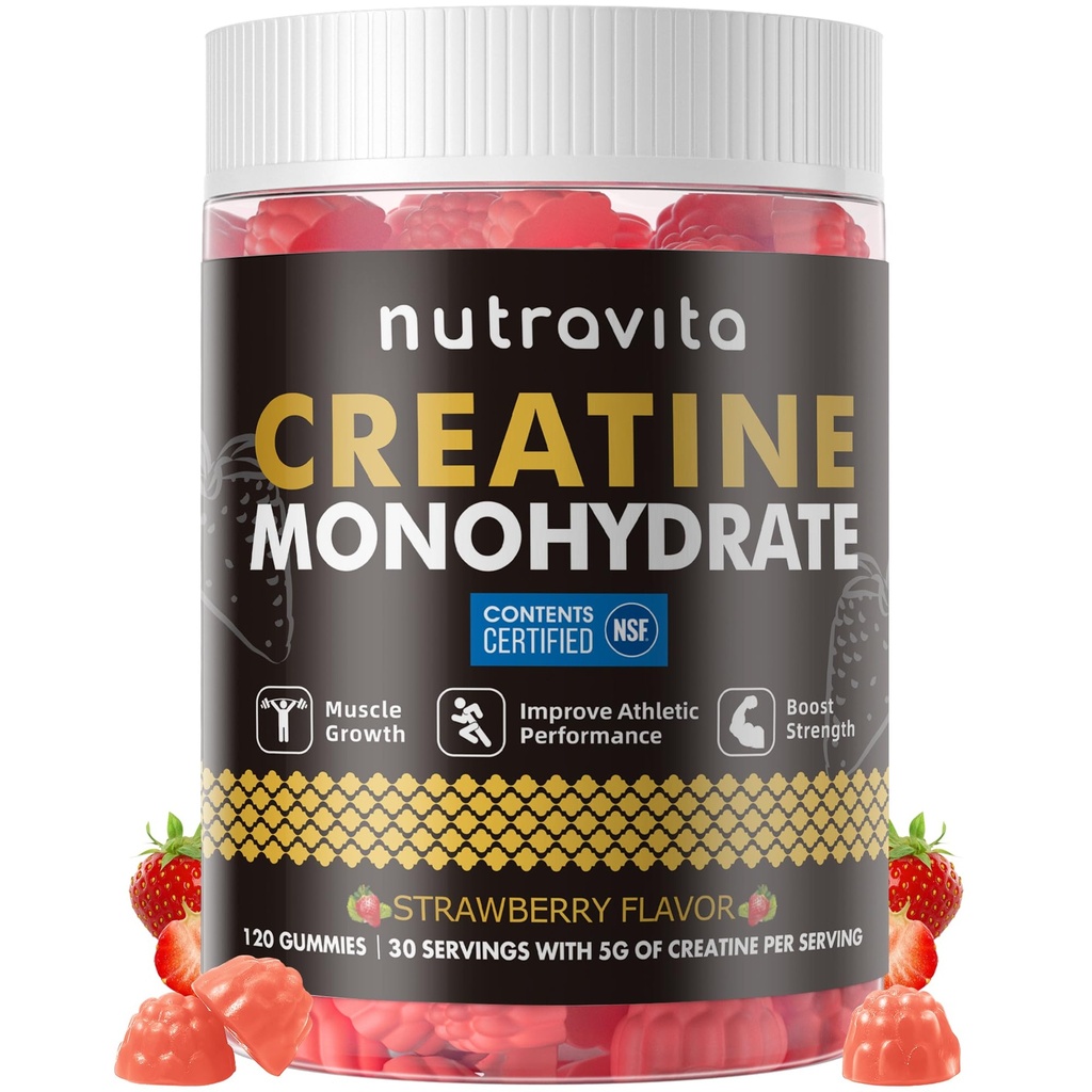 NSF认证Creatine Gummy - Creatine Monohydrate Gummys for Men and Women 5g of Creatine Monohydrate 单水合物(每服一次) - 无糖,Vegan,草莓Flavor,120 Counter