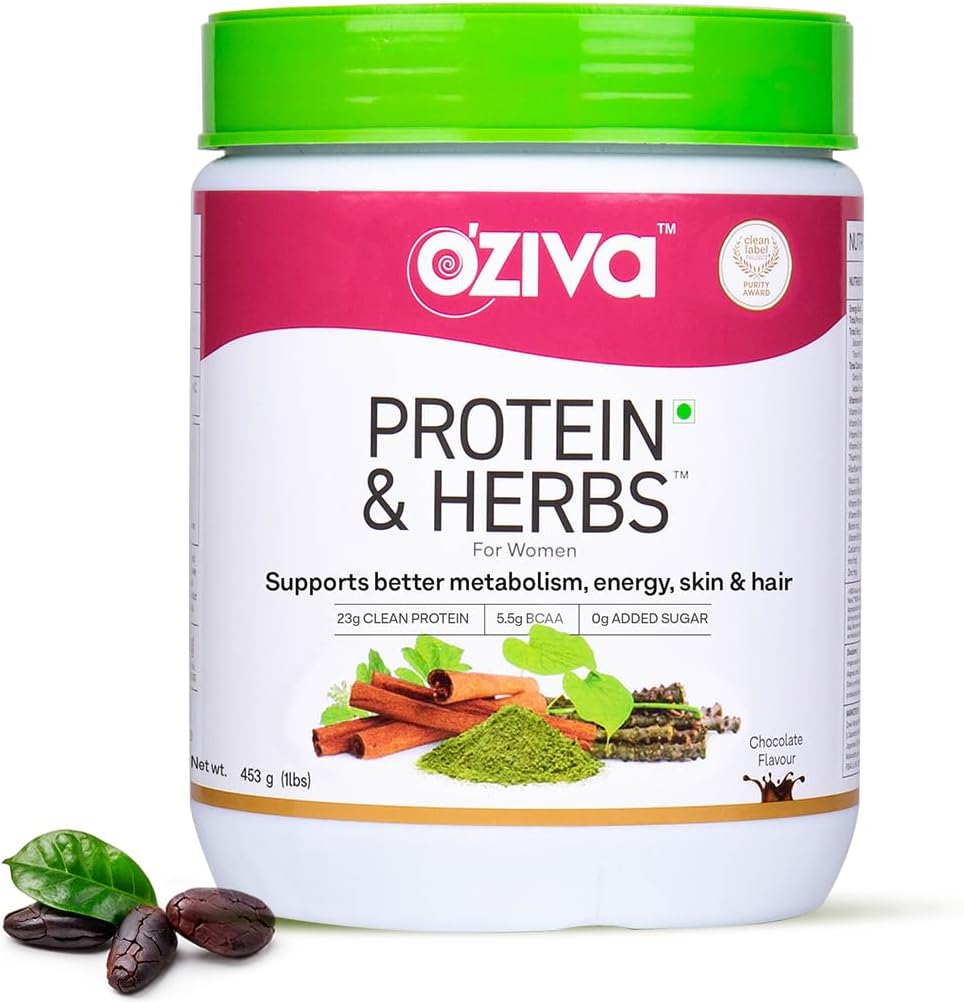 OZIVA 妇女蛋白质和草药 | 500 Gm(16个服务对象) | 多维塔明、Curcumin、Shatavari、Tulsi 支持代谢、激素平衡和皮肤、发型健康(1.1升)