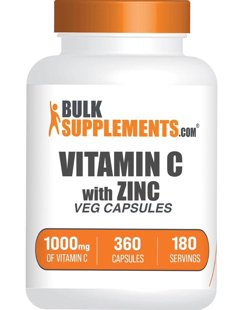 Bulk Assupports.com 配有锌卡普勒斯的维生素C - 维生素C 1000mg & Zinc 15mg,用于Immune支持 - Vegan,每役2卡普勒斯,360 Veg Count (Pack of 1).