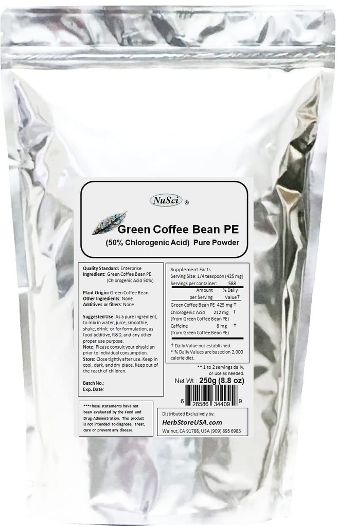 绿咖啡豆提取粉,50%的氯化酸标准化(250克(8.8 oz))