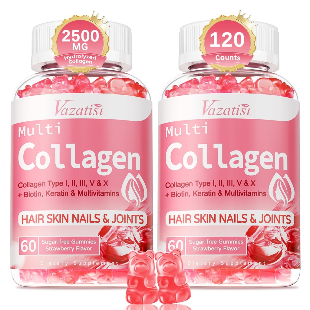 2 Pack Sugar Free Collagen Gummys for Women & Men 水解 Collagen Peptides for Hair Skins & Nails |多氯蛋白I型 II III V X 配有 Biotin & Vitamin C |草莓 Flavor, 120 Counter