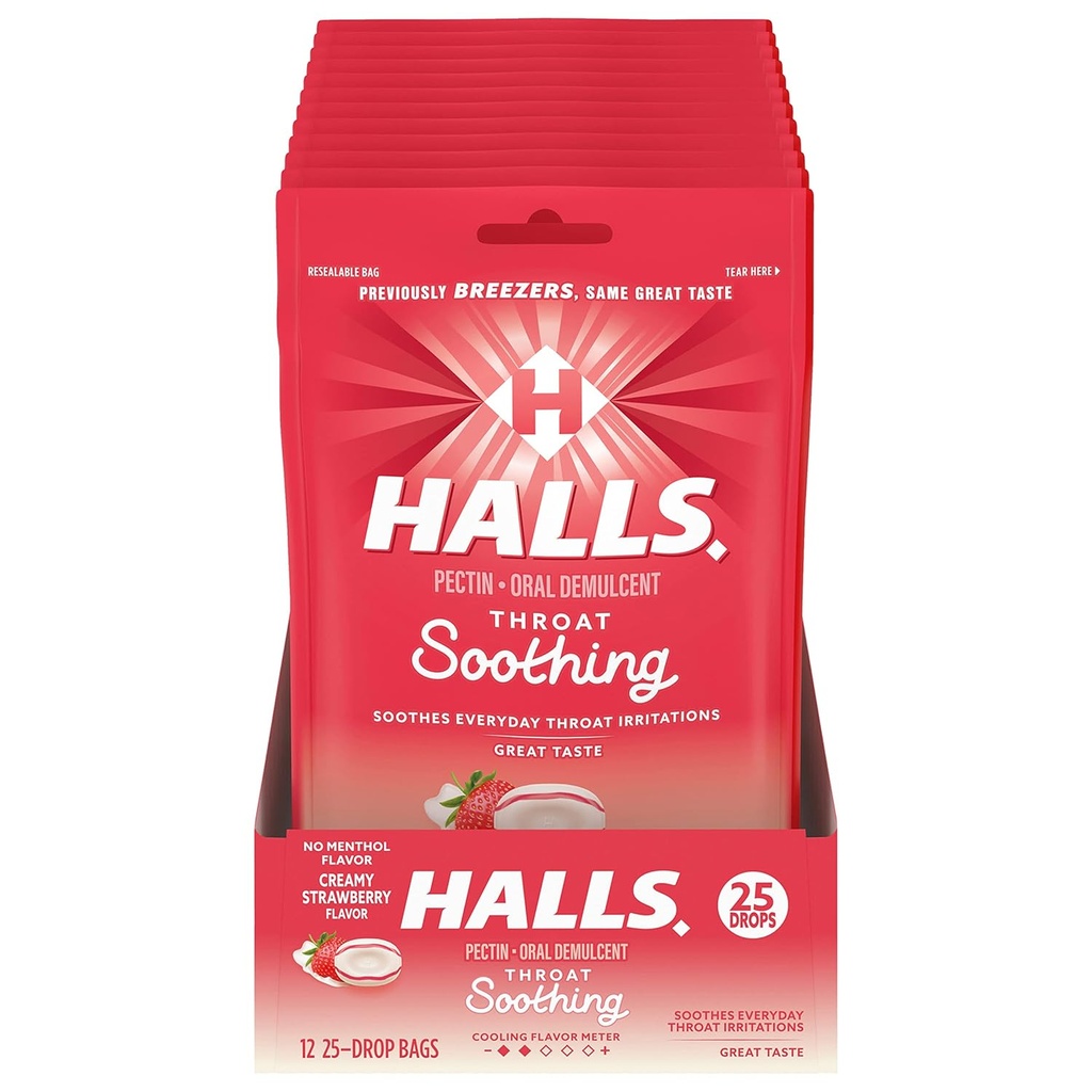 HALLS 喉咙苏打(前称HALLS BrEZERs) 奶油草莓喉滴,12袋25滴(总滴300个)