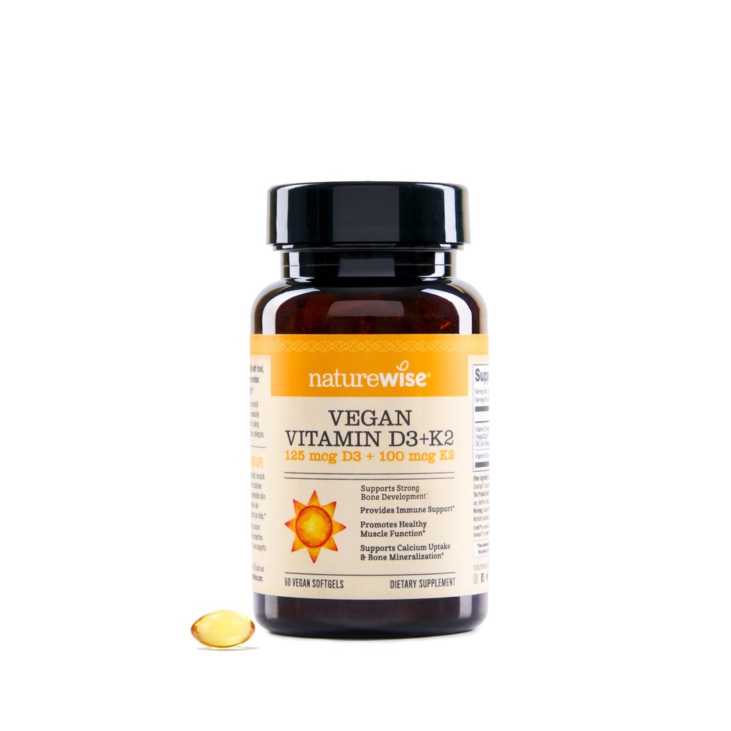 NatureWise Vegan Vitamin D3 + K2 - 有机D3 5000IU + 天然维生素 K2 100mcg - 骨支持 - 高吸收有机冷椒橄榄油 - 非GMO