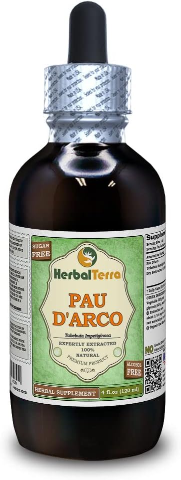 PAU d'arco (Tabebuia Impetiginosa) 甘油酸,干巴克无酒精液体提取剂(Brand name:Herbalterra, Proudly made in USA) 4 fl.oz (120毫升)