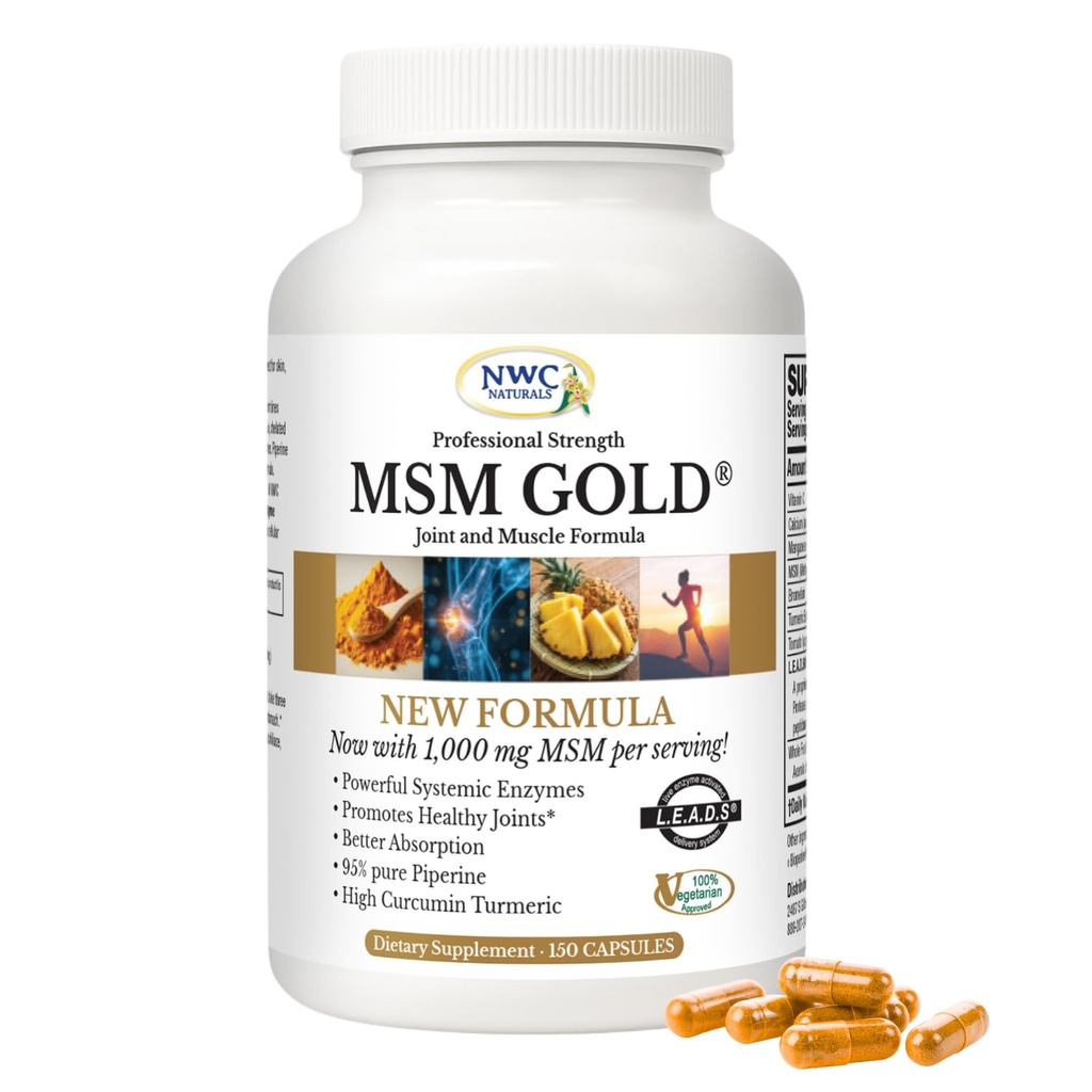 NWC Naturals MSM Gold – Systemic Enzyme 补充图尔默克,番茄脂丙烯和生物Perine 用于营养吸附 – 联合与肌肉支持 – 150 抗氧化剂-Rich 蔬菜卡普尔斯