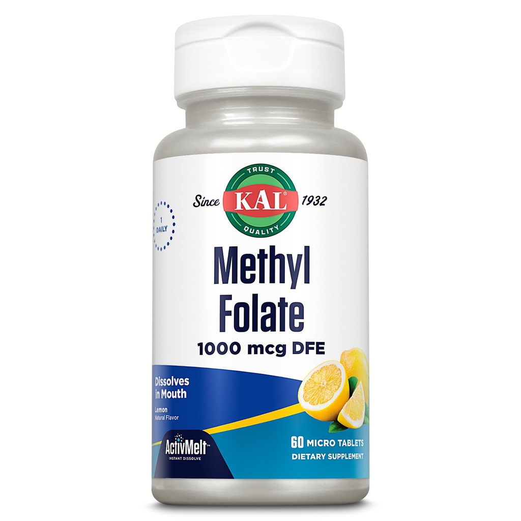 KAL 甲基Folate 1000 mcg, 5-MTHF 活性形式, 叶酸补充剂, 心脏健康, 产前, 口服和脑部支持, 蔬菜, 天然柠檬活性, Melt, 60天保障, 60 Servi, 60 微片